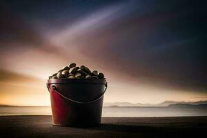 a bucket of nuts on the beach at sunset. AI-Generated photo