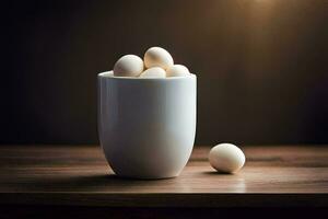 white eggs in a cup on a wooden table. AI-Generated photo