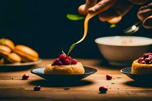 a person is dipping a pastry into a bowl of cranberry sauce. AI-Generated photo