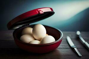 a red bowl filled with eggs on a wooden table. AI-Generated photo