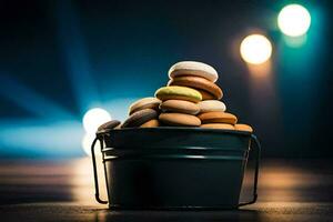 a bucket filled with macarons on a table. AI-Generated photo