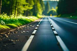 un largo la carretera con arboles y césped en ambos lados generado por ai foto