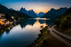 un la carretera carreras mediante el montañas a puesta de sol. generado por ai foto