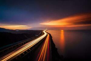 a long exposure photograph of a bridge with cars driving on it. AI-Generated photo