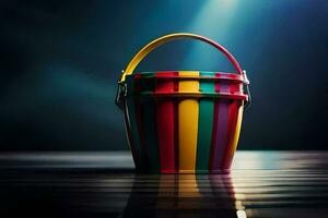 a colorful bucket sitting on a table with a spotlight. AI-Generated photo