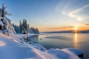 photo wallpaper the sky, snow, trees, the sun, the lake, the trees, the. AI-Generated