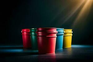 a row of colorful plastic buckets on a dark background. AI-Generated photo