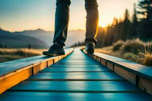 a person walking on a wooden bridge over a mountain. AI-Generated photo