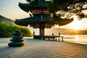 a pagoda sits on the shore of a lake at sunset. AI-Generated photo