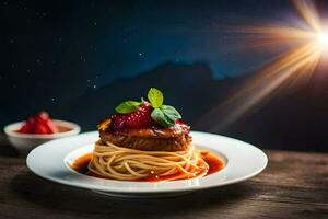 spaghetti with meat and sauce on a plate. AI-Generated photo