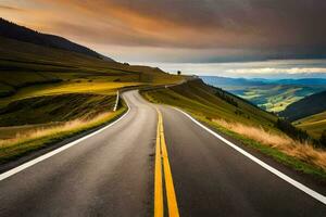 a long road with a yellow line on it. AI-Generated photo