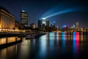 el ciudad horizonte a noche con luces reflejando apagado el agua. generado por ai foto