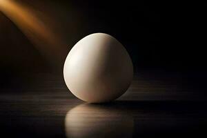 an egg sitting on a table with a light shining on it. AI-Generated photo