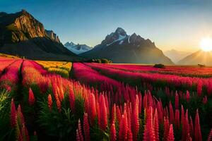 el Dom es ajuste terminado un campo de rosado flores generado por ai foto