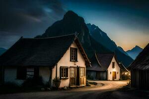 foto fondo de pantalla el cielo, montañas, camino, casas, aldea, el oscuro, el montañas,. generado por ai