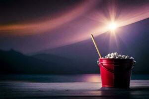 a bucket of popcorn on a wooden table with a light shining in the background. AI-Generated photo