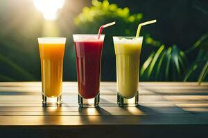 three different types of juices sit on a table. AI-Generated photo