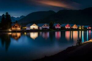 un lago con casas a noche. generado por ai foto