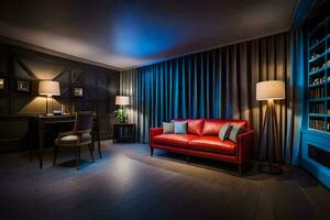 a room with a red couch and a lamp. AI-Generated photo