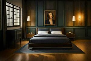 a bedroom with dark wood walls and a bed. AI-Generated photo