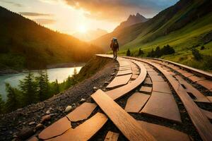 a man walking along a wooden path in the mountains. AI-Generated photo