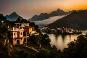 foto fondo de pantalla el cielo, montañas, casa, atardecer, el ciudad, el lago, el montañas. generado por ai