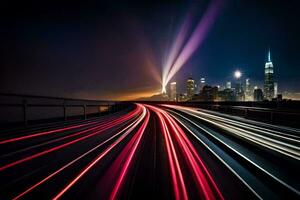 a long exposure photograph of a city skyline at night. AI-Generated photo