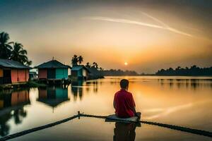 a man sitting on a raft in front of a village at sunset. AI-Generated photo