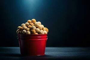 a bucket full of peanuts on a dark table. AI-Generated photo