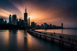 un largo exposición fotografía de un ciudad horizonte a puesta de sol. generado por ai foto