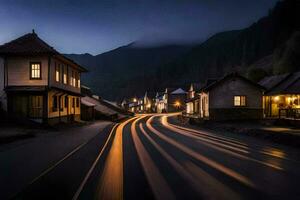 un largo exposición fotografía de un pueblo a noche. generado por ai foto