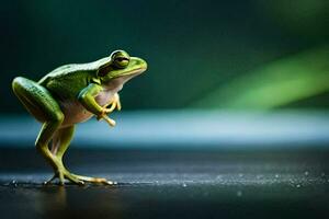 a frog is standing on its hind legs. AI-Generated photo