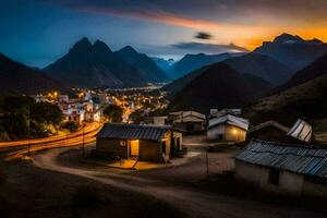 un pueblo a oscuridad en el montañas. generado por ai foto