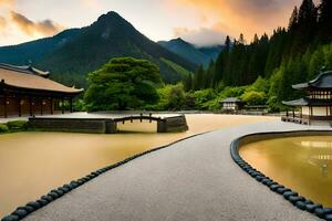 a beautiful asian garden with a pond and a bridge. AI-Generated photo