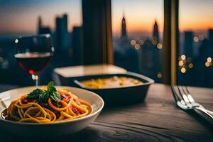 un plato de espaguetis con un vaso de rojo vino en un mesa en frente de un paisaje urbano generado por ai foto