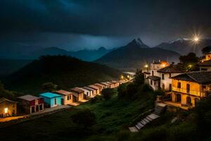 foto fondo de pantalla el cielo, montañas, noche, el luna, el aldea, el casas, el. generado por ai