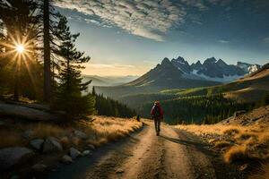 a person walking down a dirt road in the mountains. AI-Generated photo