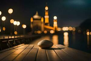 a ball sits on a dock in front of a mosque. AI-Generated photo