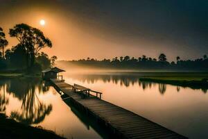 a wooden dock in the middle of a lake at sunrise. AI-Generated photo