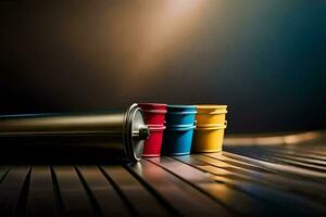 a row of colorful plastic cups on a table. AI-Generated photo