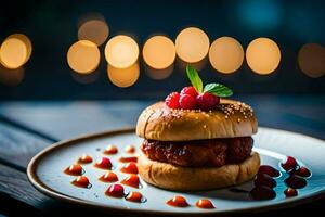 a hamburger with berries on top on a plate. AI-Generated photo