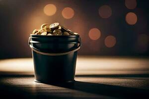 a bucket filled with gold coins on a table. AI-Generated photo