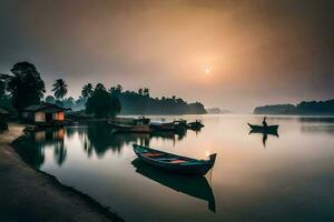 barcos en el agua a amanecer en un aldea. generado por ai foto