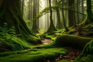 a forest with mossy trees and green grass. AI-Generated photo