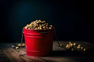 a red bucket filled with nuts on a wooden table. AI-Generated photo