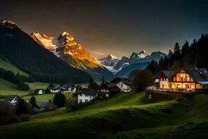 foto fondo de pantalla montañas, el cielo, el sol, el montañas, el casa, el montañas,. generado por ai