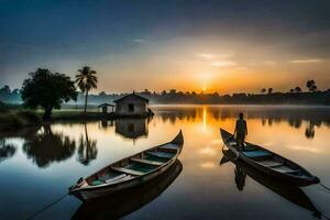 dos barcos son atracado a el apuntalar de un lago a amanecer. generado por ai foto