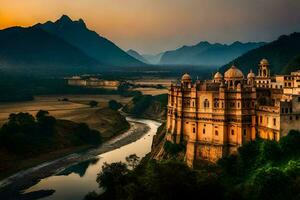 el palacio a puesta de sol en udaipur, India. generado por ai foto