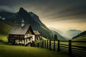 a house in the mountains with a fence. AI-Generated photo