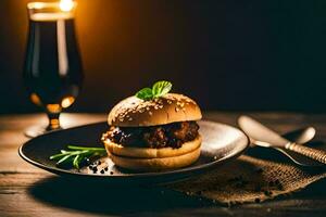 a burger with a side of beer on a plate. AI-Generated photo